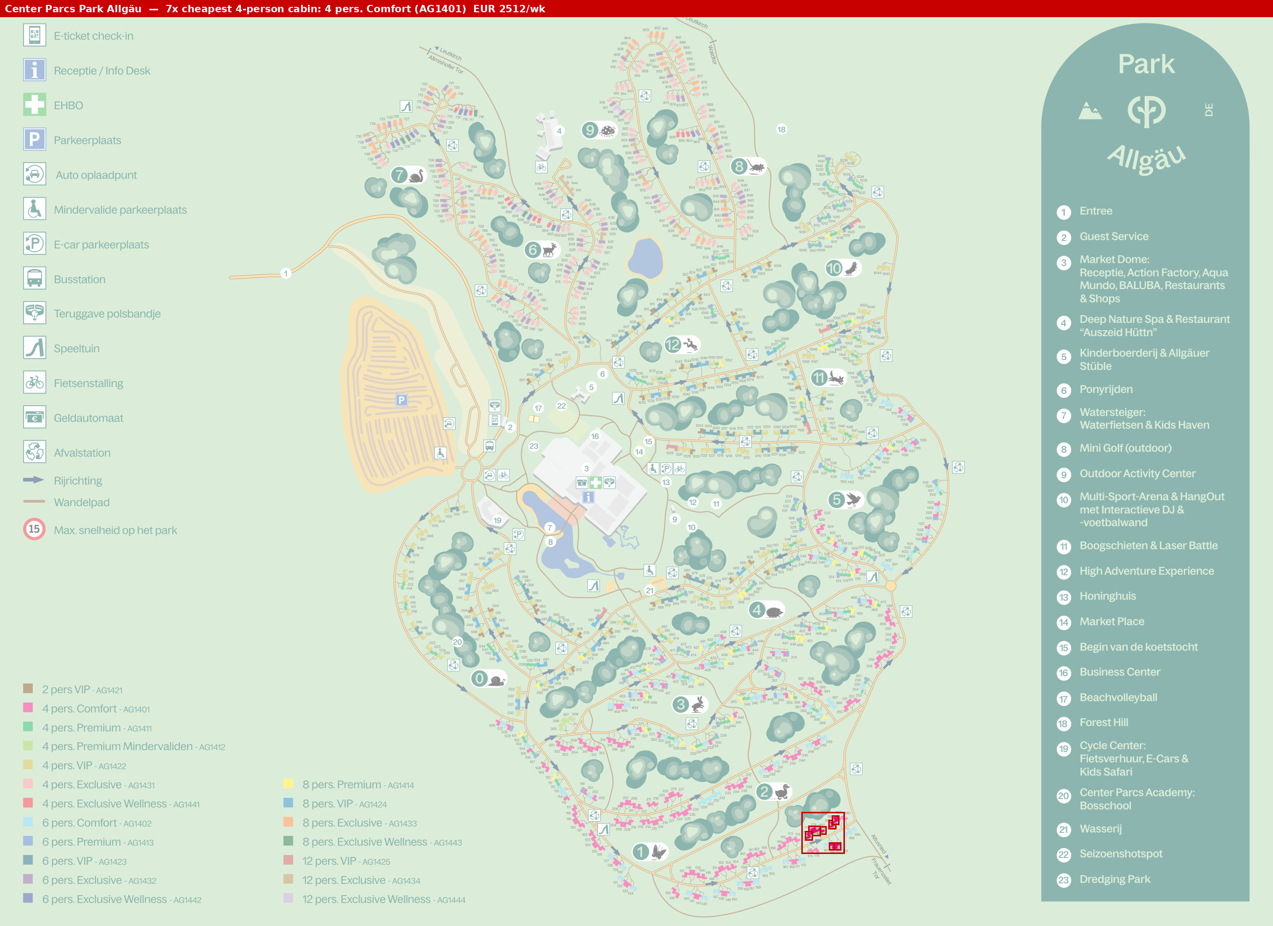 Park map with 7 clustered AG1401 cabins highlighted