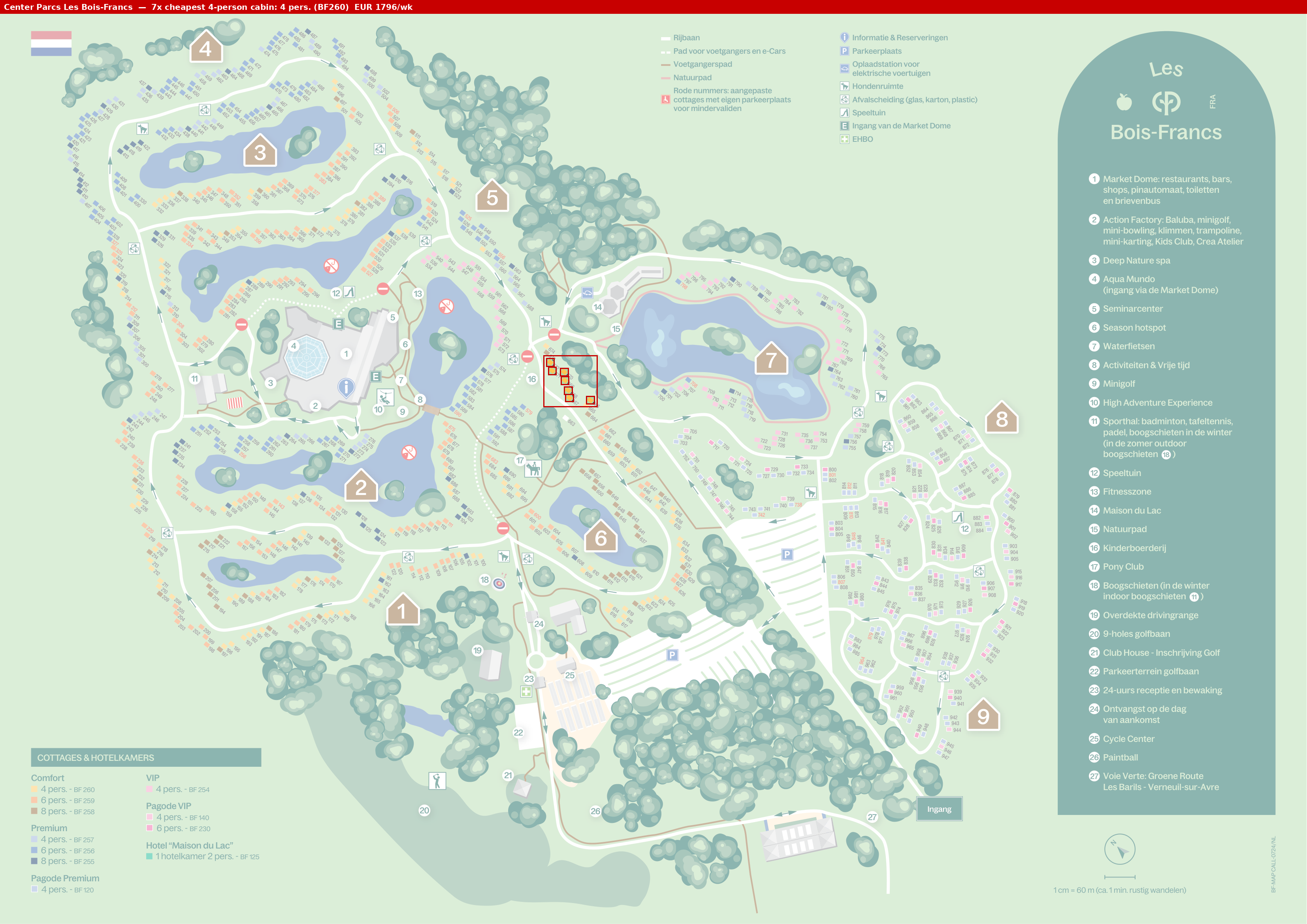 Park map with 7 clustered BF260 cabins highlighted