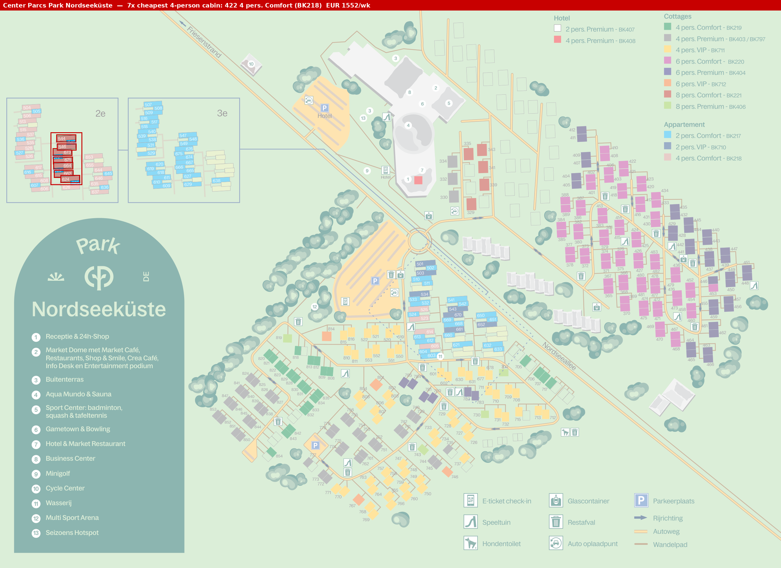 Park map with 7 clustered BK218 cabins highlighted