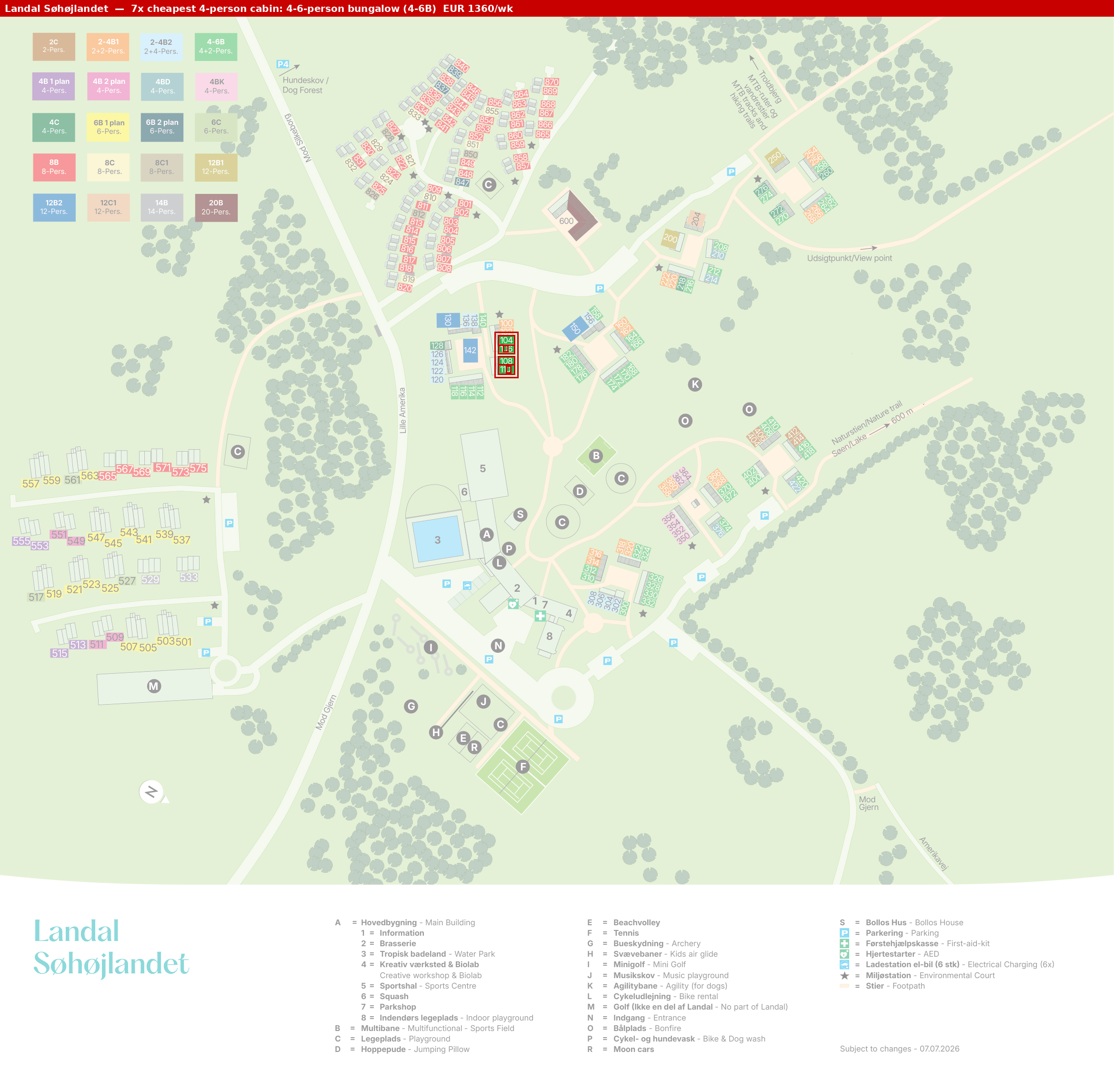 Park map with 7 clustered 4-6B cabins highlighted