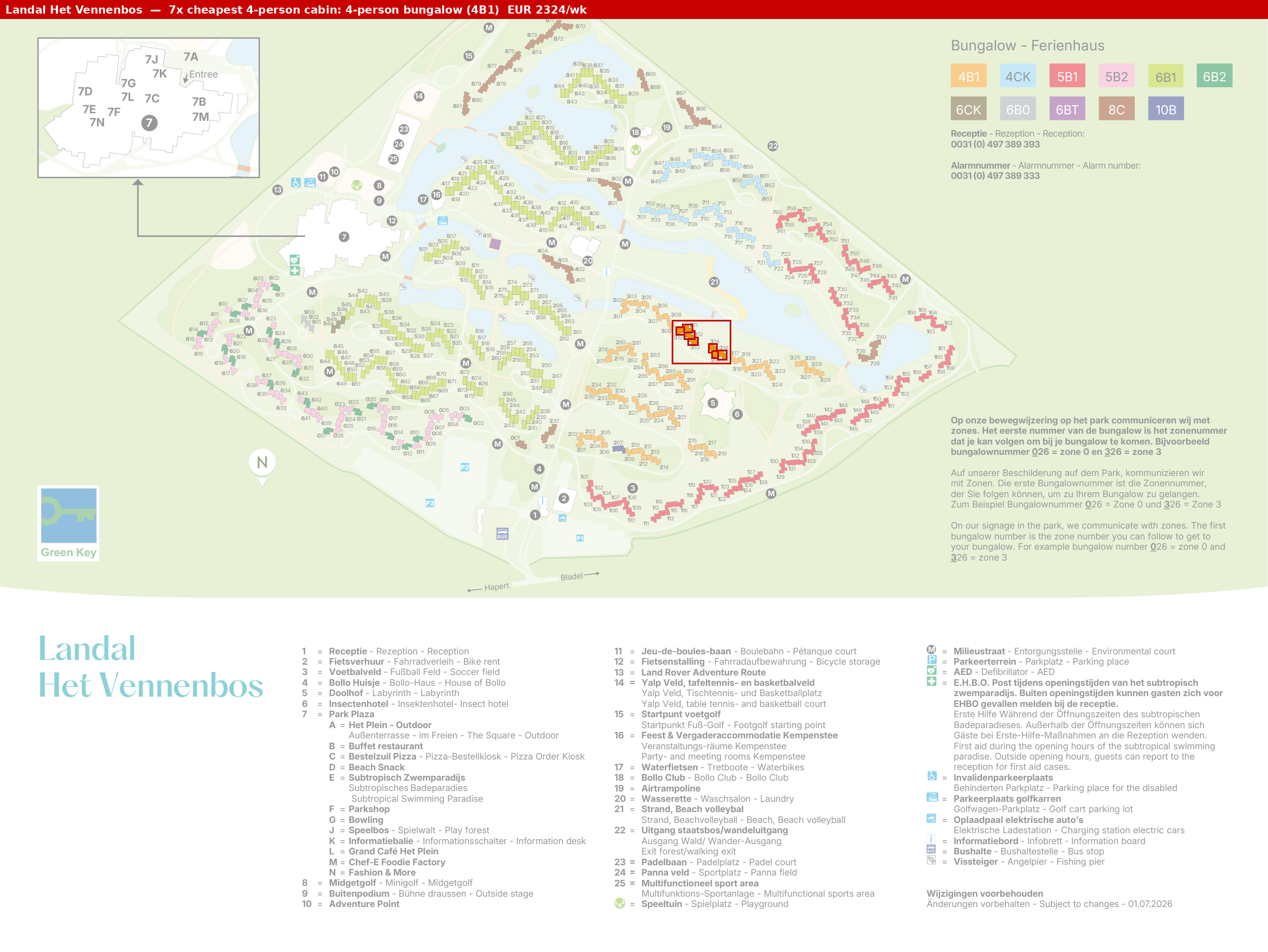 Park map with 7 clustered 4B1 cabins highlighted